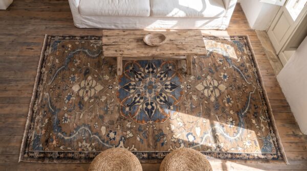 Earth tone and light blue fine antique persian tabriz small scatter size rug 2 Earth tone and light blue fine antique persian tabriz small scatter size rug (sku 20241) - styled overhead view