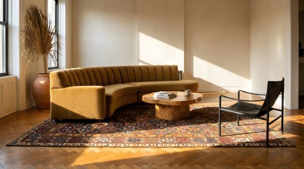 Earthy brown antique tribal geometric nw persian kurdish rug 10 Earthy brown antique tribal geometric nw persian kurdish rug (sku 19480) - room view