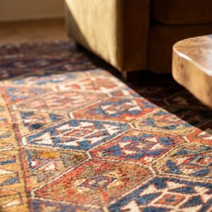 Earthy Brown Antique Tribal Geometric NW Persian Kurdish Rug (SKU 19480) - in-room detail