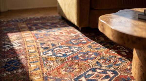 Earthy brown antique tribal geometric nw persian kurdish rug 11 Earthy brown antique tribal geometric nw persian kurdish rug (sku 19480) - in-room detail
