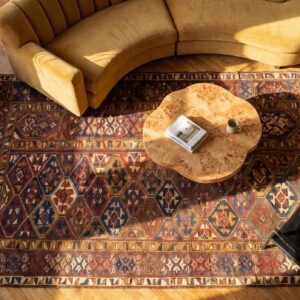 Earthy Brown Antique Tribal Geometric NW Persian Kurdish Rug (SKU 19480) - styled overhead view