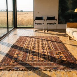 Earthy Brown Antique Tribal Geometric Persian Baluch Muslim Prayer Design Rug (SKU 20821) - room view