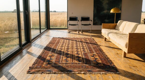 Earthy brown antique tribal geometric persian baluch muslim prayer design rug 8 Earthy brown antique tribal geometric persian baluch muslim prayer design rug (sku 20821) - room view