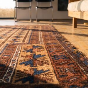 Earthy Brown Antique Tribal Geometric Persian Baluch Muslim Prayer Design Rug (SKU 20821) - in-room detail