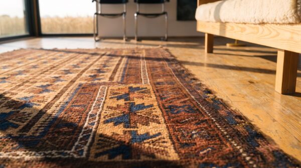 Earthy brown antique tribal geometric persian baluch muslim prayer design rug 9 Earthy brown antique tribal geometric persian baluch muslim prayer design rug (sku 20821) - in-room detail