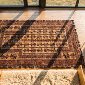 Earthy Brown Antique Tribal Geometric Persian Baluch Muslim Prayer Design Rug (SKU 20821) - styled overhead view