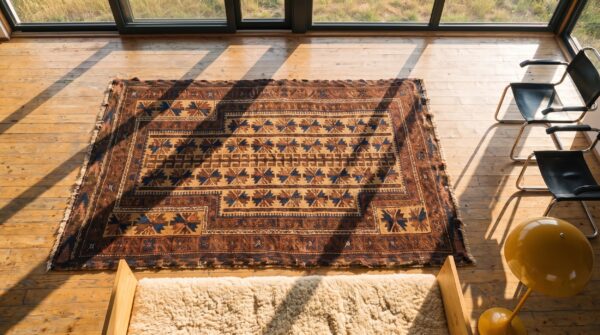 Earthy brown antique tribal geometric persian baluch muslim prayer design rug 2 Earthy brown antique tribal geometric persian baluch muslim prayer design rug (sku 20821) - styled overhead view