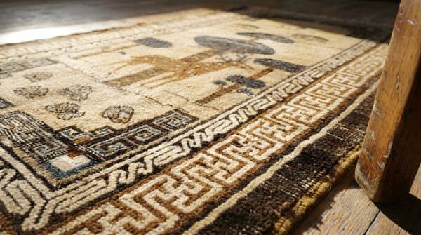 Earthy color scenic chinese crane and reindeer design baotou rug 9 Earthy color scenic chinese crane and reindeer design baotou rug (sku 25644) - in-room detail