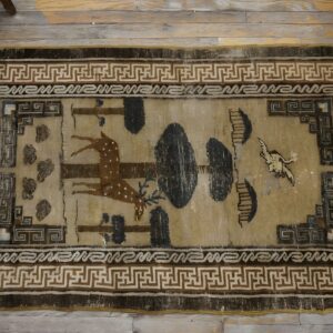 Earthy Color Scenic Chinese Crane and Reindeer Design Baotou Rug (SKU 25644) - styled overhead view