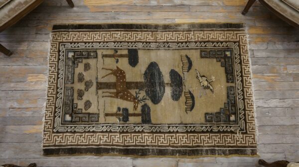 Earthy color scenic chinese crane and reindeer design baotou rug 2 Earthy color scenic chinese crane and reindeer design baotou rug (sku 25644) - styled overhead view