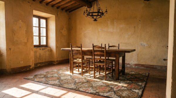 Earthy antique late 19th century american folk art design hooked area rug (sku 19724) - room view
