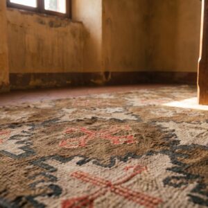 Earthy Antique Late 19th Century American Folk Art Design Hooked Area Rug (SKU 19724) - in-room detail