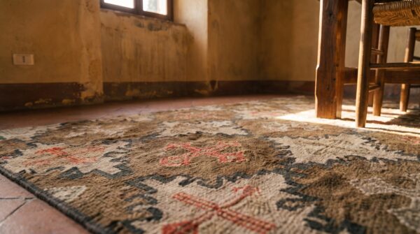 Earthy antique late 19th century american folk art design hooked area rug (sku 19724) - in-room detail