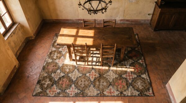 Earthy antique late 19th century american folk art design hooked area rug (sku 19724) - styled overhead view