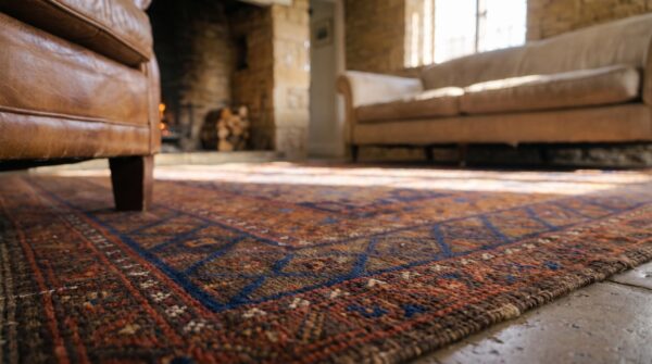 Earthy antique late 19th century tribal geometric afghan baluch rug 9 Earthy antique late 19th century tribal geometric afghan baluch rug (sku 21639) - in-room detail
