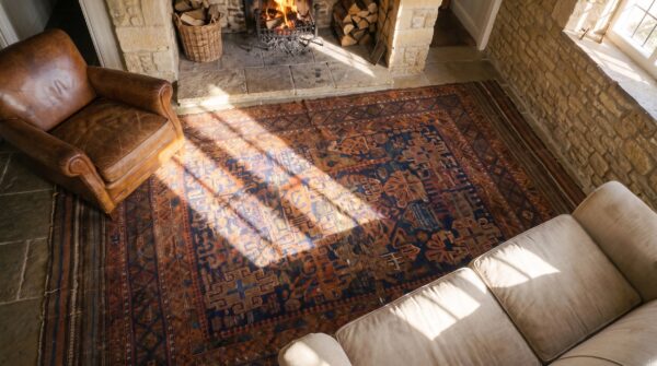 Earthy antique late 19th century tribal geometric afghan baluch rug 2 Earthy antique late 19th century tribal geometric afghan baluch rug (sku 21639) - styled overhead view
