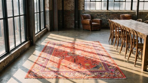 Antique east turkestan coral pomegranate design wool hand knotted pile 1920s khotan rug 7 Antique east turkestan coral pomegranate design wool hand knotted pile 1920s khotan rug (sku 23131) - room view