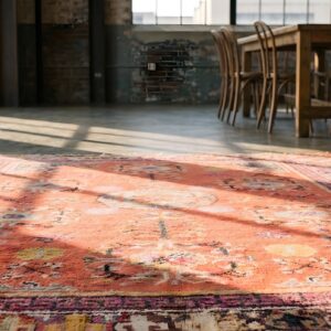 Antique East Turkestan Coral Pomegranate Design Wool Hand Knotted Pile 1920s Khotan Rug (SKU 23131) - in-room detail