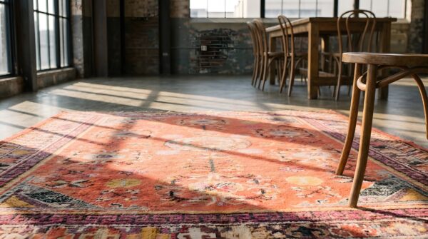 Antique east turkestan coral pomegranate design wool hand knotted pile 1920s khotan rug 8 Antique east turkestan coral pomegranate design wool hand knotted pile 1920s khotan rug (sku 23131) - in-room detail