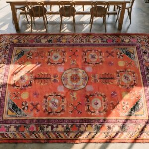Antique East Turkestan Coral Pomegranate Design Wool Hand Knotted Pile 1920s Khotan Rug (SKU 23131) - styled overhead view