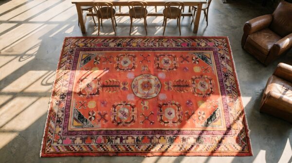 Antique east turkestan coral pomegranate design wool hand knotted pile 1920s khotan rug 2 Antique east turkestan coral pomegranate design wool hand knotted pile 1920s khotan rug (sku 23131) - styled overhead view