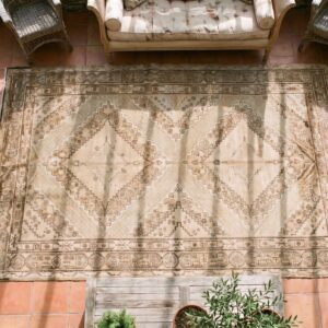 Antique East Turkestan Wool Pile Cream Color Hand Knotted Khotan Rug (SKU 20047) - styled overhead view
