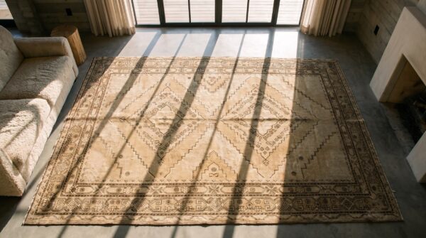 Antique east turkestan geomatic pattern light color khotan rug 2 Antique east turkestan geomatic pattern light color khotan rug (sku 19648) - styled overhead view