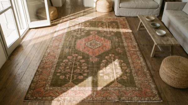 Antique east turkestan wide hallway gallery size wool khotan rug 2 Antique east turkestan wide hallway gallery size wool khotan rug (sku 17414) - styled overhead view