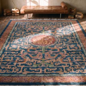 Antique Elaborate Chinese Dragon Design Room Size Art Deco Carpet (SKU 22623) - styled overhead view
