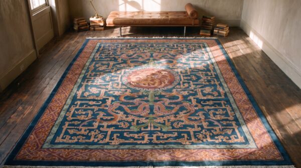 Antique elaborate chinese dragon design room size art deco carpet (sku 22623) - styled overhead view
