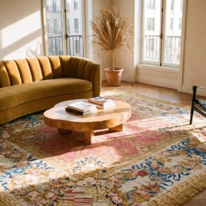Antique English Armorial Axminster Carpet 14'4"×16'2" Camel Field, Ivory Ribbon Garland Border, Late Regency, Circa 1820 (SKU 19056) - room view