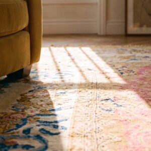 Antique English Armorial Axminster Carpet 14'4"×16'2" Camel Field, Ivory Ribbon Garland Border, Late Regency, Circa 1820 (SKU 19056) - in-room detail
