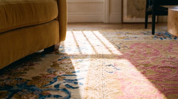 Antique english armorial axminster carpet 14'4"×16'2" camel field, ivory ribbon garland border, late regency, circa 1820 11 Antique english armorial axminster carpet 14'4"×16'2" camel field, ivory ribbon garland border, late regency, circa 1820 (sku 19056) - in-room detail
