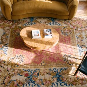 Antique English Armorial Axminster Carpet 14'4"×16'2" Camel Field, Ivory Ribbon Garland Border, Late Regency, Circa 1820 (SKU 19056) - styled overhead view