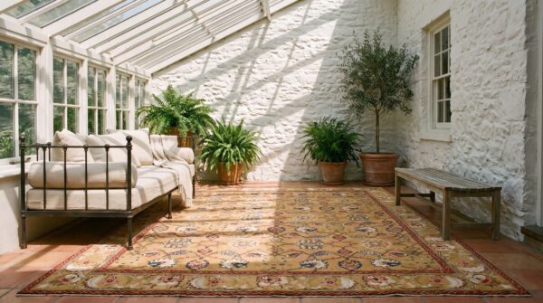 Antique english axminster carpet 12'×14' camel & ivory, mughal-inspired design, mid-18th century, circa 1750 (sku 19652) - room view