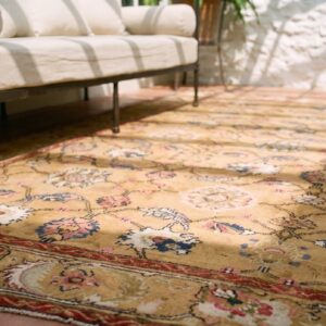 Antique English Axminster Carpet 12'×14' Camel & Ivory, Mughal-Inspired Design, Mid-18th Century, Circa 1750 (SKU 19652) - in-room detail