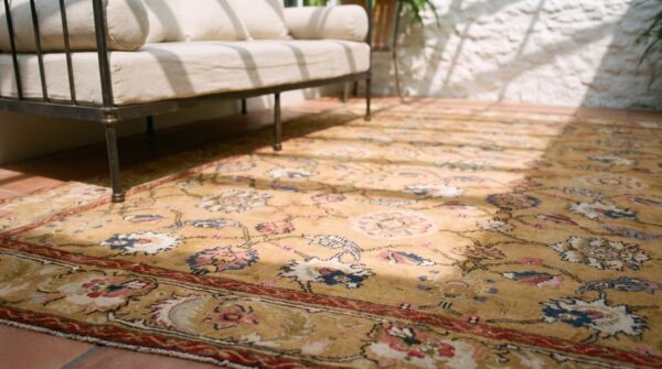 Antique english axminster carpet 12'×14' camel & ivory, mughal-inspired design, mid-18th century, circa 1750 (sku 19652) - in-room detail