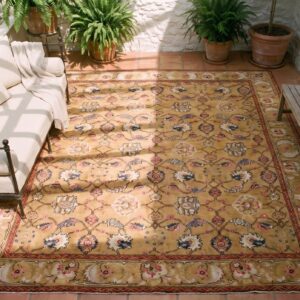 Antique English Axminster Carpet 12'×14' Camel & Ivory, Mughal-Inspired Design, Mid-18th Century, Circa 1750 (SKU 19652) - styled overhead view