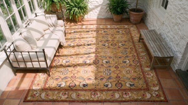 Antique english axminster carpet 12'×14' camel & ivory, mughal-inspired design, mid-18th century, circa 1750 (sku 19652) - styled overhead view