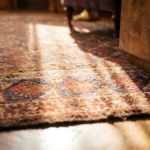 Antique Ersari Beshir Coral Central Asian Tribal Geometric Knotted Wool Rug (SKU 24969) - in-room detail