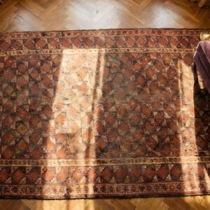 Antique Ersari Beshir Coral Central Asian Tribal Geometric Knotted Wool Rug (SKU 24969) - styled overhead view