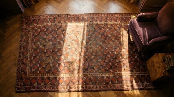 Antique ersari beshir coral central asian tribal geometric knotted wool rug 2 Antique ersari beshir coral central asian tribal geometric knotted wool rug (sku 24969) - styled overhead view