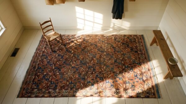 Antique ersari - beshir hallway runner wool blue , coral rug 2 Antique ersari - beshir hallway runner wool blue , coral rug (sku 2519) - styled overhead view