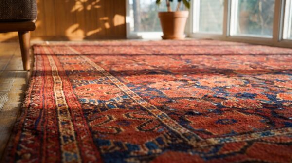 Antique ersari - beshir persian knotted coral rug (sku 19957) - in-room detail