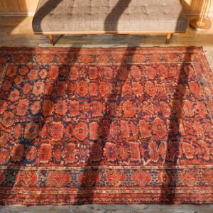 Antique Ersari - Beshir Persian Knotted Coral Rug (SKU 19957) - styled overhead view
