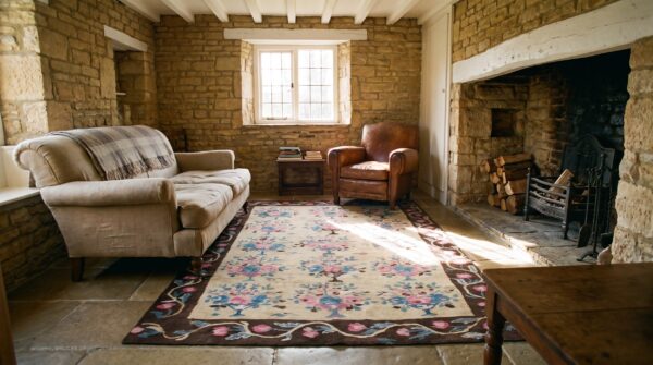 Antique european bessarabian rug 4'7"×6'7" yellow/blue/pink flat-weave, circa 1890 9 Antique european bessarabian rug 4'7"×6'7" yellow/blue/pink flat-weave, circa 1890 (sku 18237) - room view