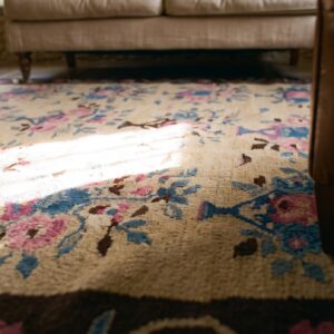 Antique European Bessarabian Rug 4'7"×6'7" Yellow/Blue/Pink Flat-Weave, Circa 1890 (SKU 18237) - in-room detail
