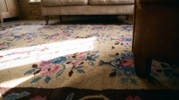 Antique european bessarabian rug 4'7"×6'7" yellow/blue/pink flat-weave, circa 1890 10 Antique european bessarabian rug 4'7"×6'7" yellow/blue/pink flat-weave, circa 1890 (sku 18237) - in-room detail