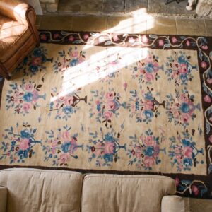 Antique European Bessarabian Rug 4'7"×6'7" Yellow/Blue/Pink Flat-Weave, Circa 1890 (SKU 18237) - styled overhead view