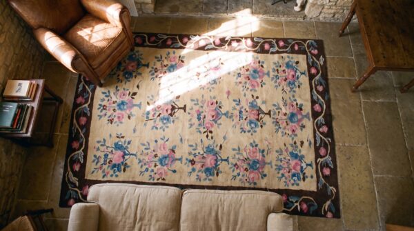 Antique european bessarabian rug 4'7"×6'7" yellow/blue/pink flat-weave, circa 1890 2 Antique european bessarabian rug 4'7"×6'7" yellow/blue/pink flat-weave, circa 1890 (sku 18237) - styled overhead view
